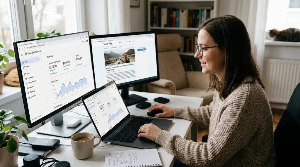 Publisher brasileira em home office analisando o painel do Google AdSense em 2026 para configurar novos acionadores de anúncios vinheta em múltiplos monitores.