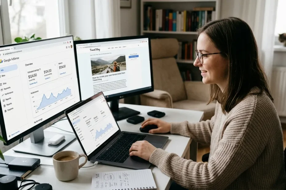 Publisher brasileira em home office analisando o painel do Google AdSense em 2026 para configurar novos acionadores de anúncios vinheta em múltiplos monitores.