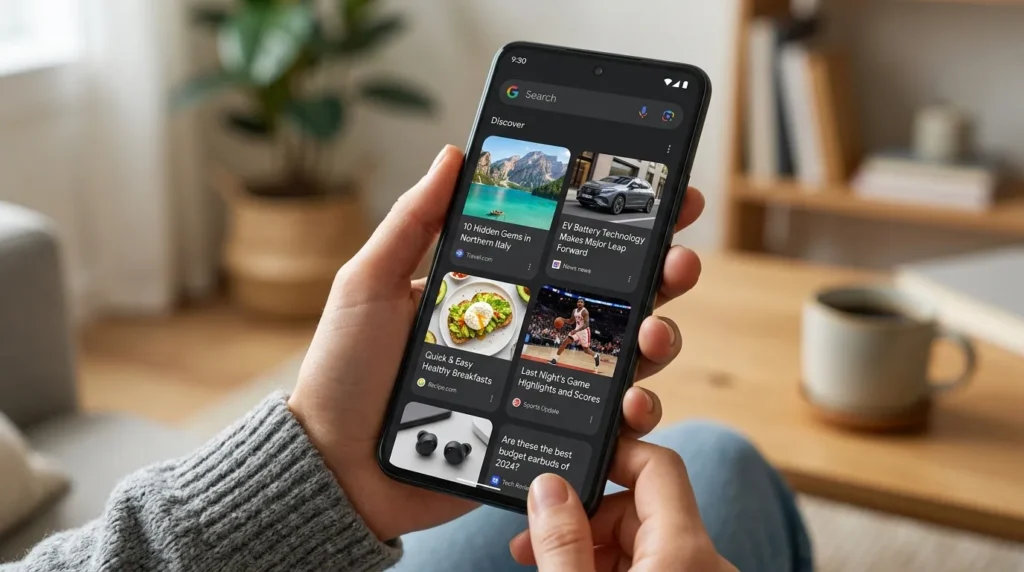 Feed do Google Discover no celular mostrando artigos personalizados após o Google Discover Core Update 2026.