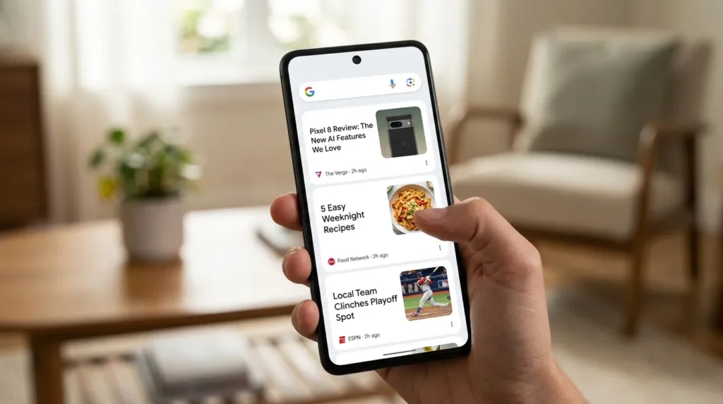 Feed do Google Discover no celular mostrando artigos personalizados após o Google Discover Core Update 2026.