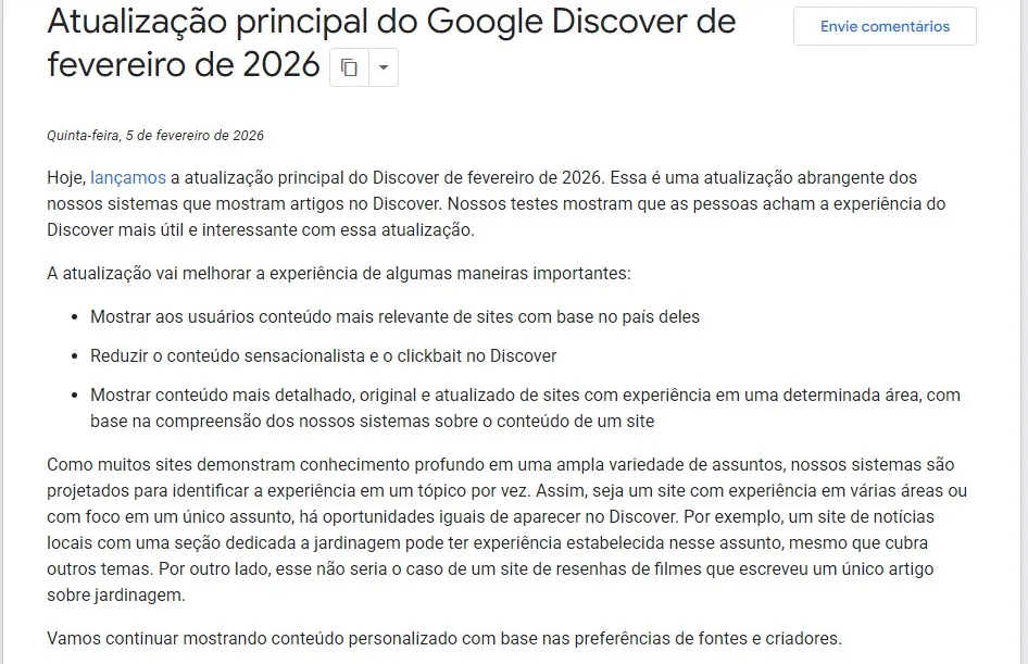 Feed do Google Discover no celular mostrando artigos personalizados — Google Discover Core Update 2026